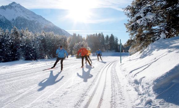 Cross-country skiing in a park setting